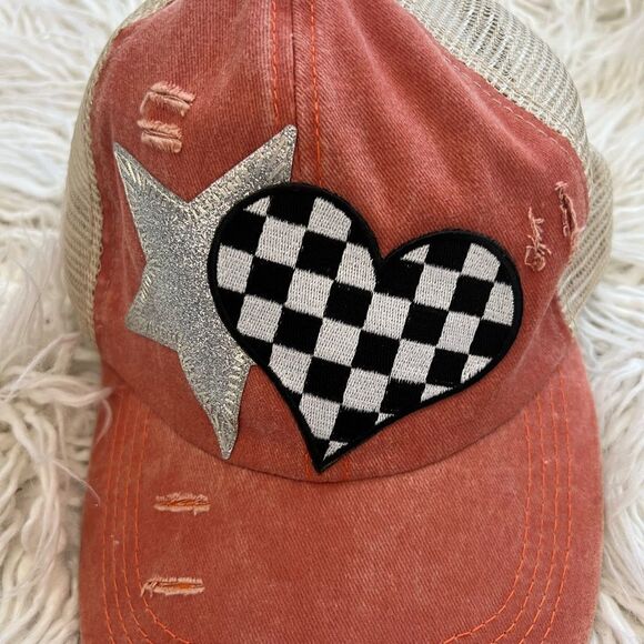 Coral Distressed Cap with Silver Star and Checkered Heart - Picture 2 of 6